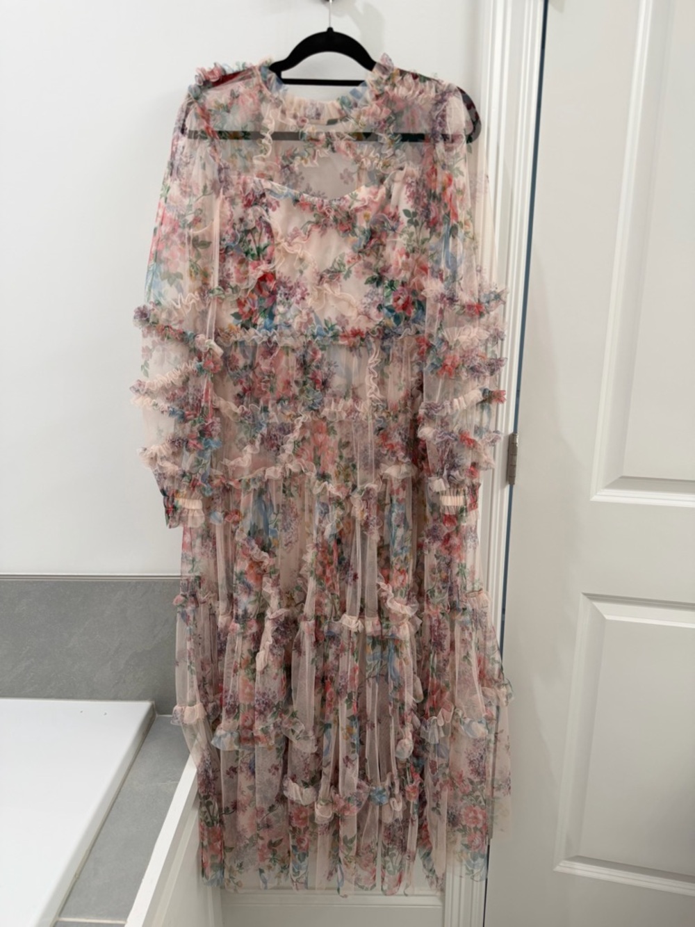 Floral Ruffle Tiered Maxi Dress - Sheer Pastel Garden Print - Picture 1 of 2